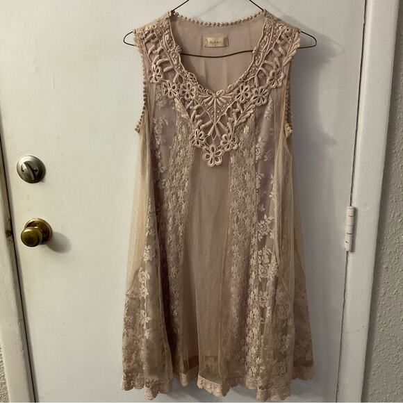 Altar’d State Blush Lace Overlay Dress M Lined S Boho Cottagecore Coquette Girl - Picture 3 of 10